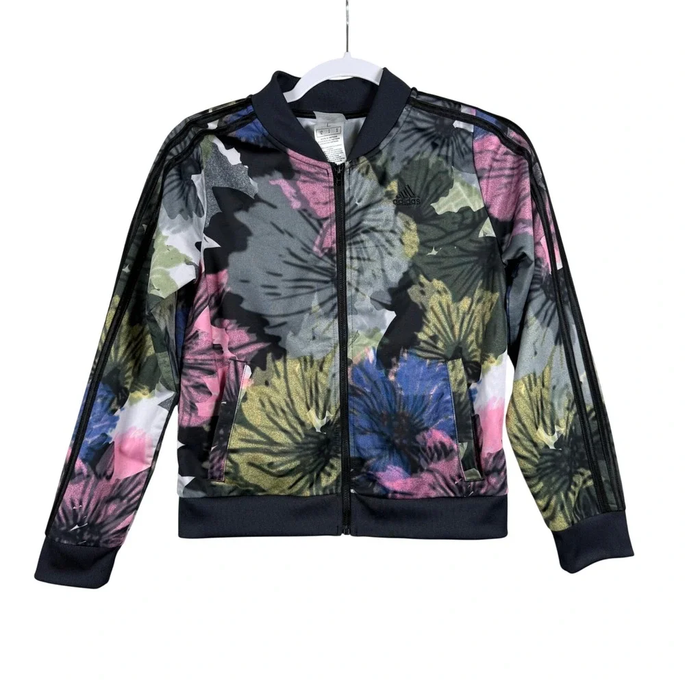 Adidas Girls Size 14 Track Jacket Floral Multi Color Full Zip Sporty Athleisure